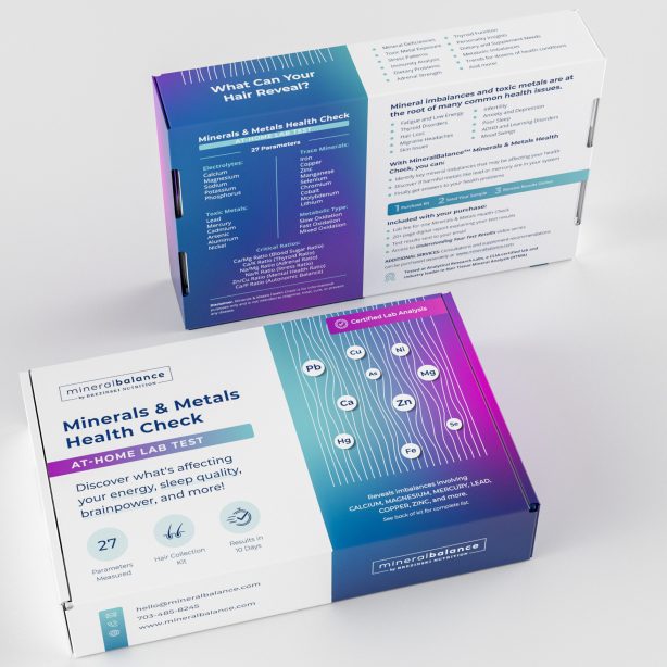 htma test kit for hair tissue mineral analysis with text that says: Minerals & Metals Health Check - At-Home Lab Test - Discover what's affecting your energy, sleep quality, brainpower, and more!